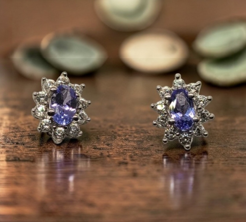 5000 AAA Tanzanite and white Zircon stud halo earrings