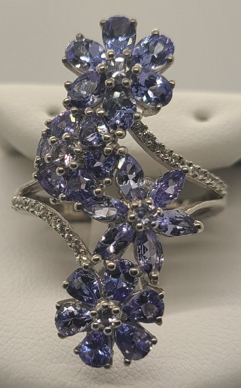 5010 Tanzanite and White Zircon Floral Ring