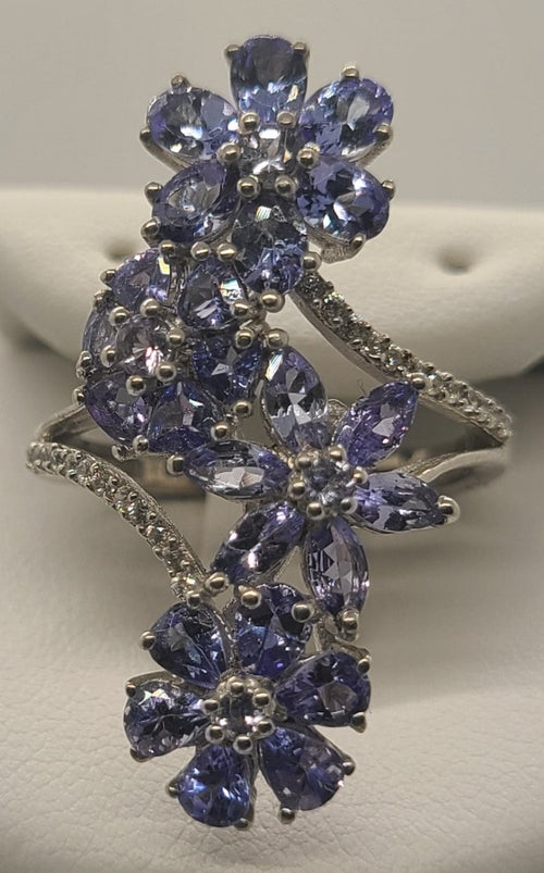 5010 Tanzanite and White Zircon Floral Ring