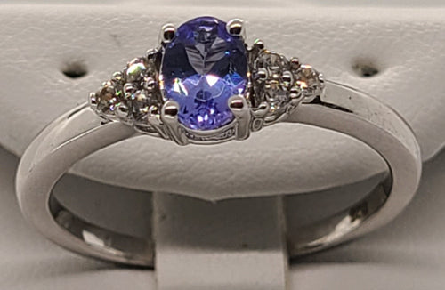 AAA Tanzanite & White Zircon Ring | Oval Cut with Shoulder Accents | Platinum over Sterling Silver