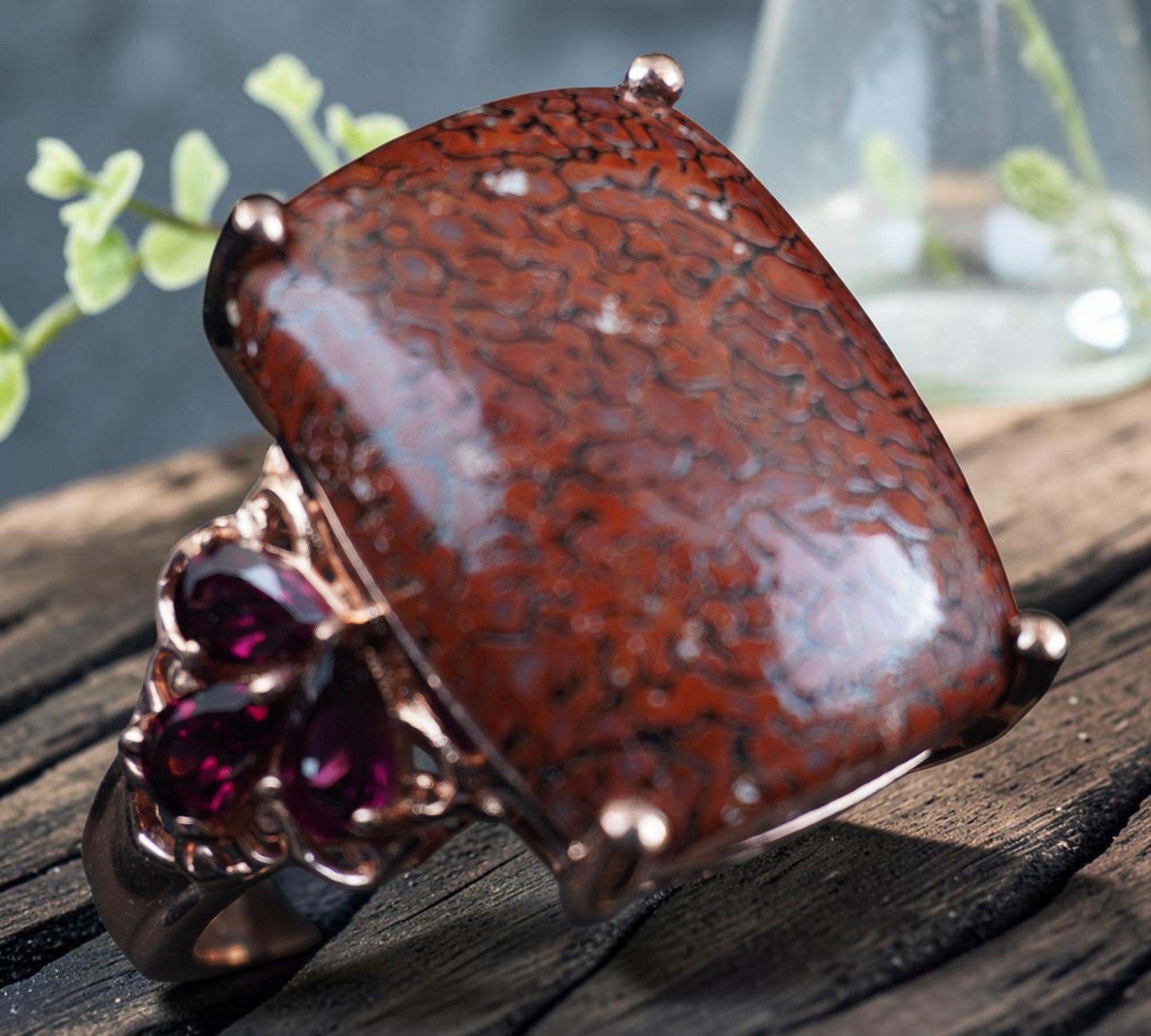 5062 Dinosaur Bone and Rhodolite Garnet Ring