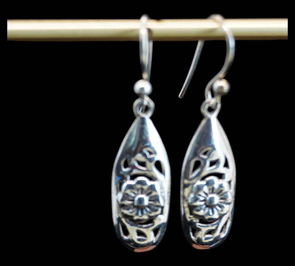 5068 Sterling Silver Fishing Lure and Floral Dangle Earrings
