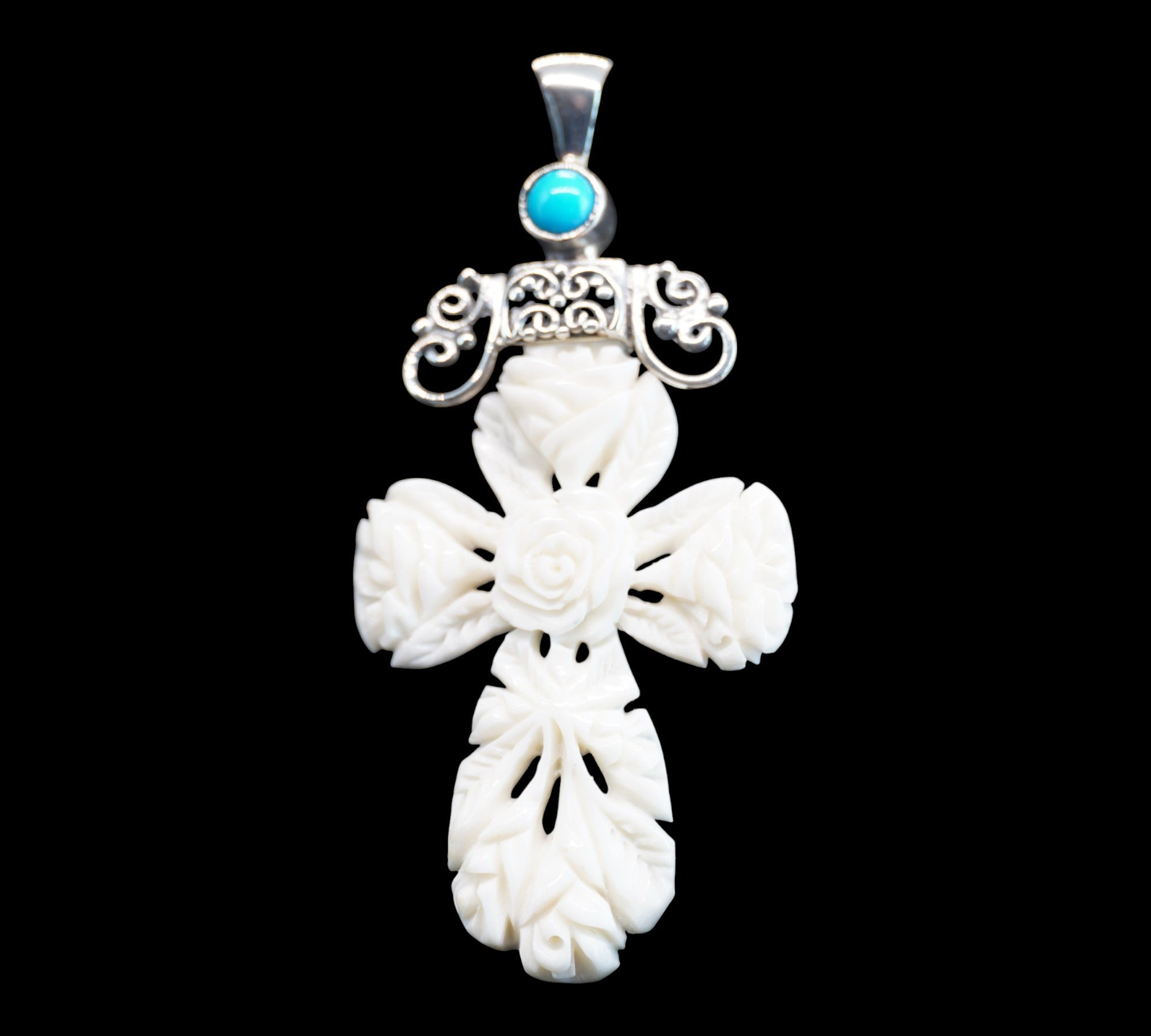 5078 Carved Bone Floral Cross Pendant