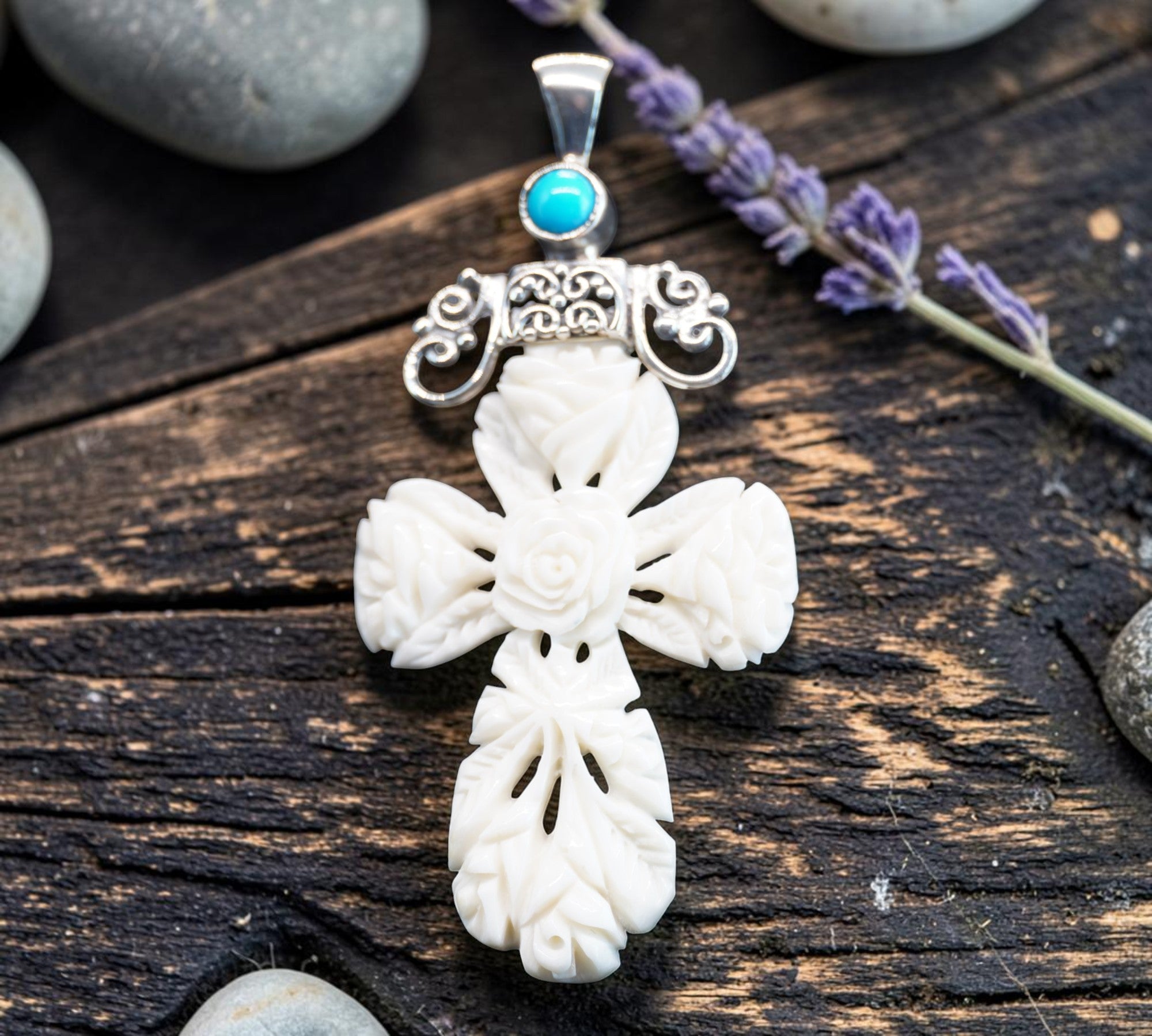 5078 Carved Bone Floral Cross Pendant