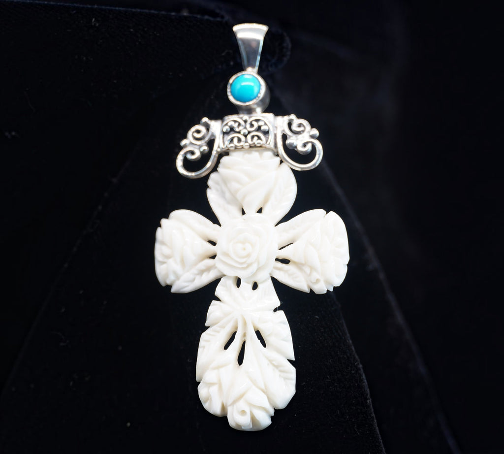 5078 Carved Bone Floral Cross Pendant