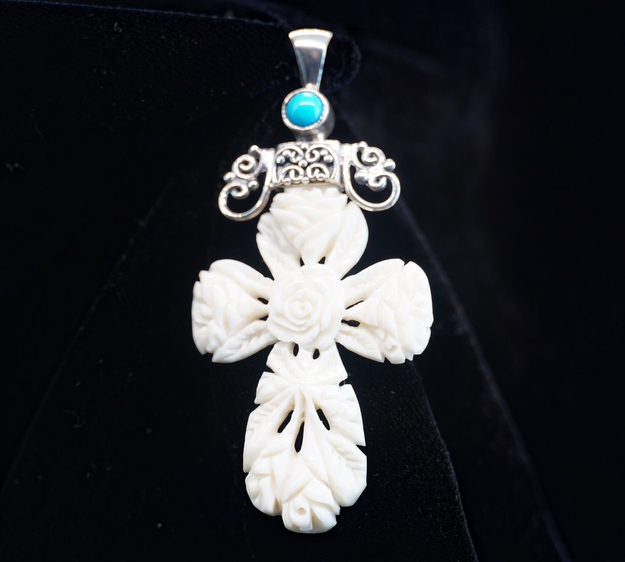 5078 Carved Bone Floral Cross Pendant