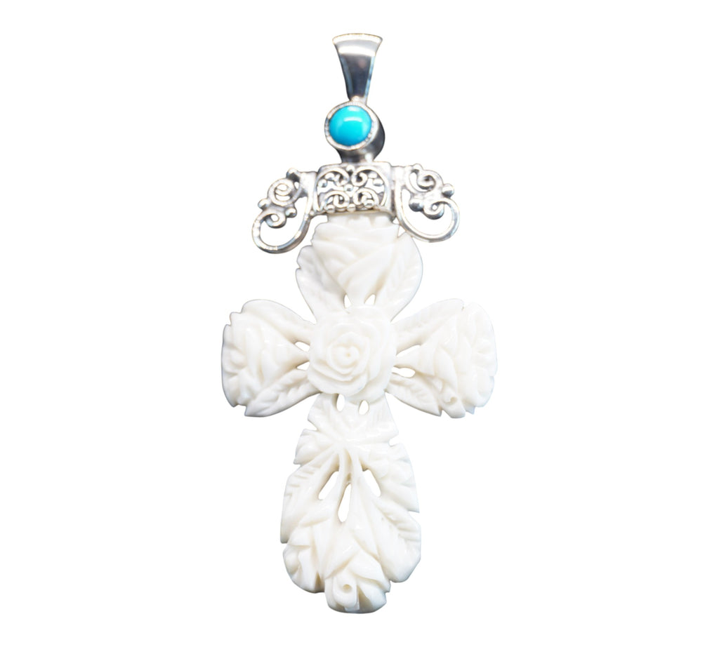 5078 Carved Bone Floral Cross Pendant