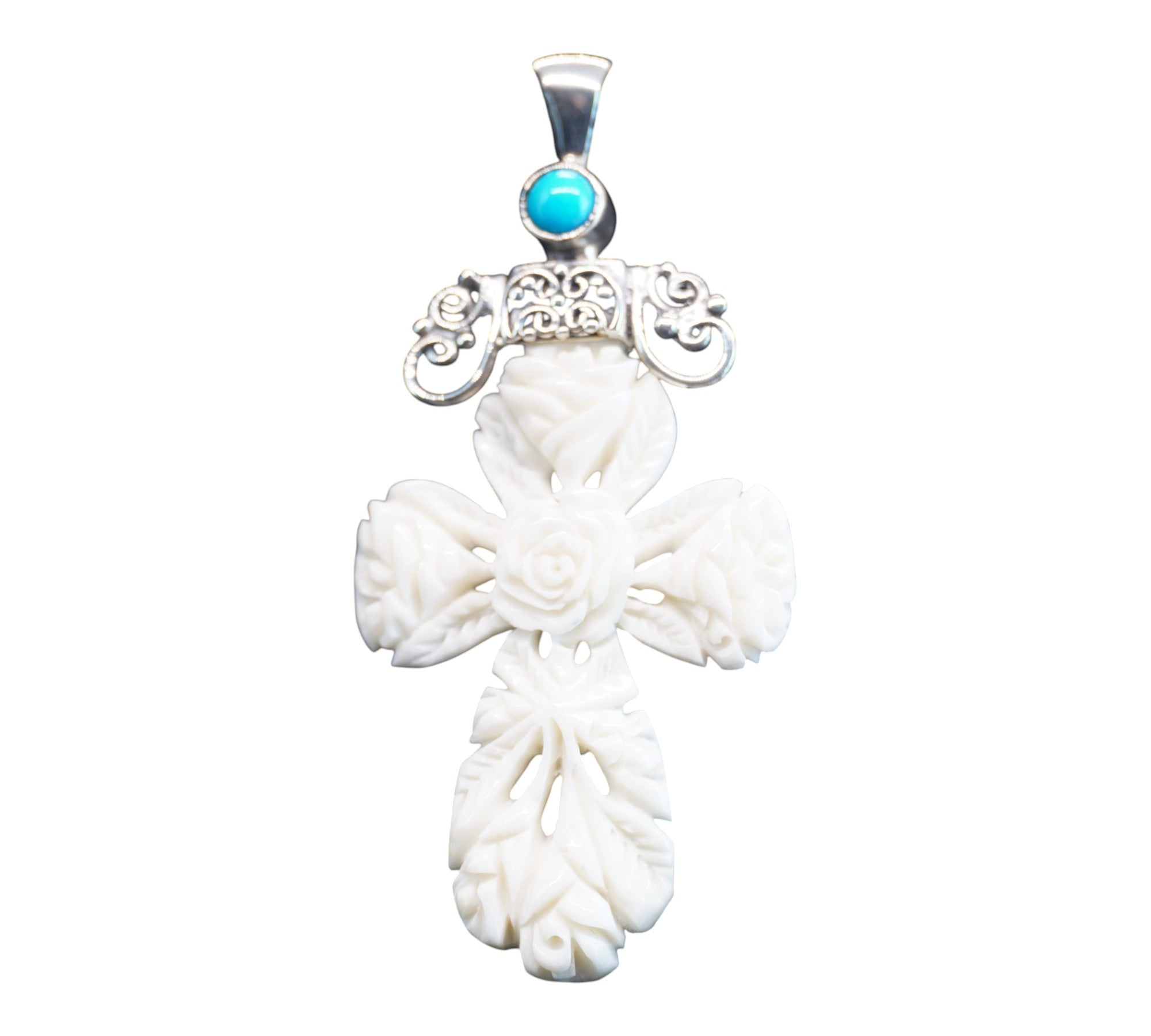 5078 Carved Bone Floral Cross Pendant