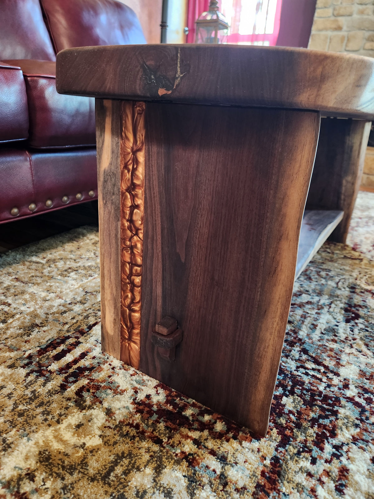 Slab Walnut Coffee Table & Accent Bench | Copper Mica Inlays & Keyed Tenon Joinery | Handcrafted Made to Order