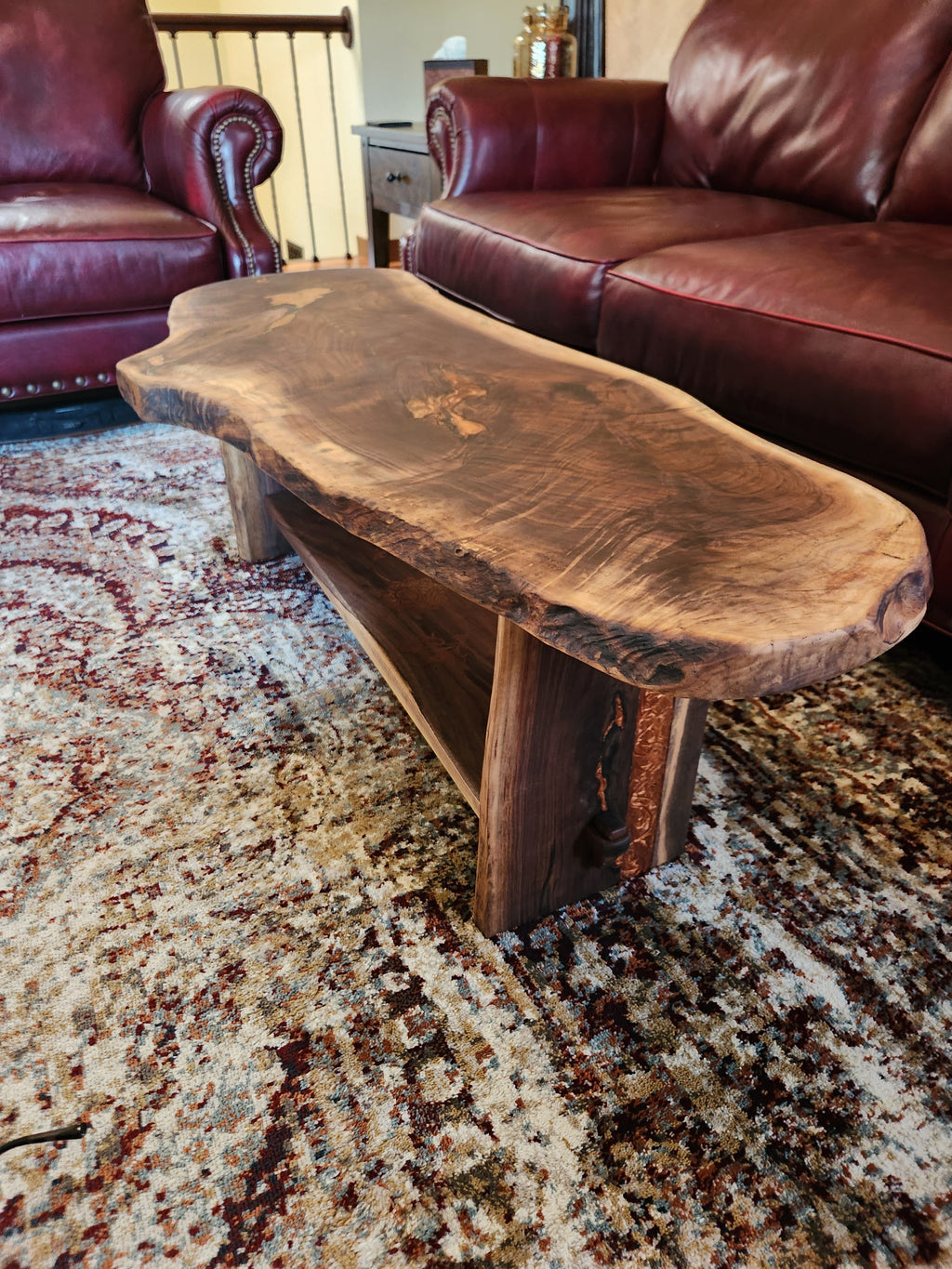 Slab Walnut Coffee Table & Accent Bench | Copper Mica Inlays & Keyed Tenon Joinery | Handcrafted Made to Order