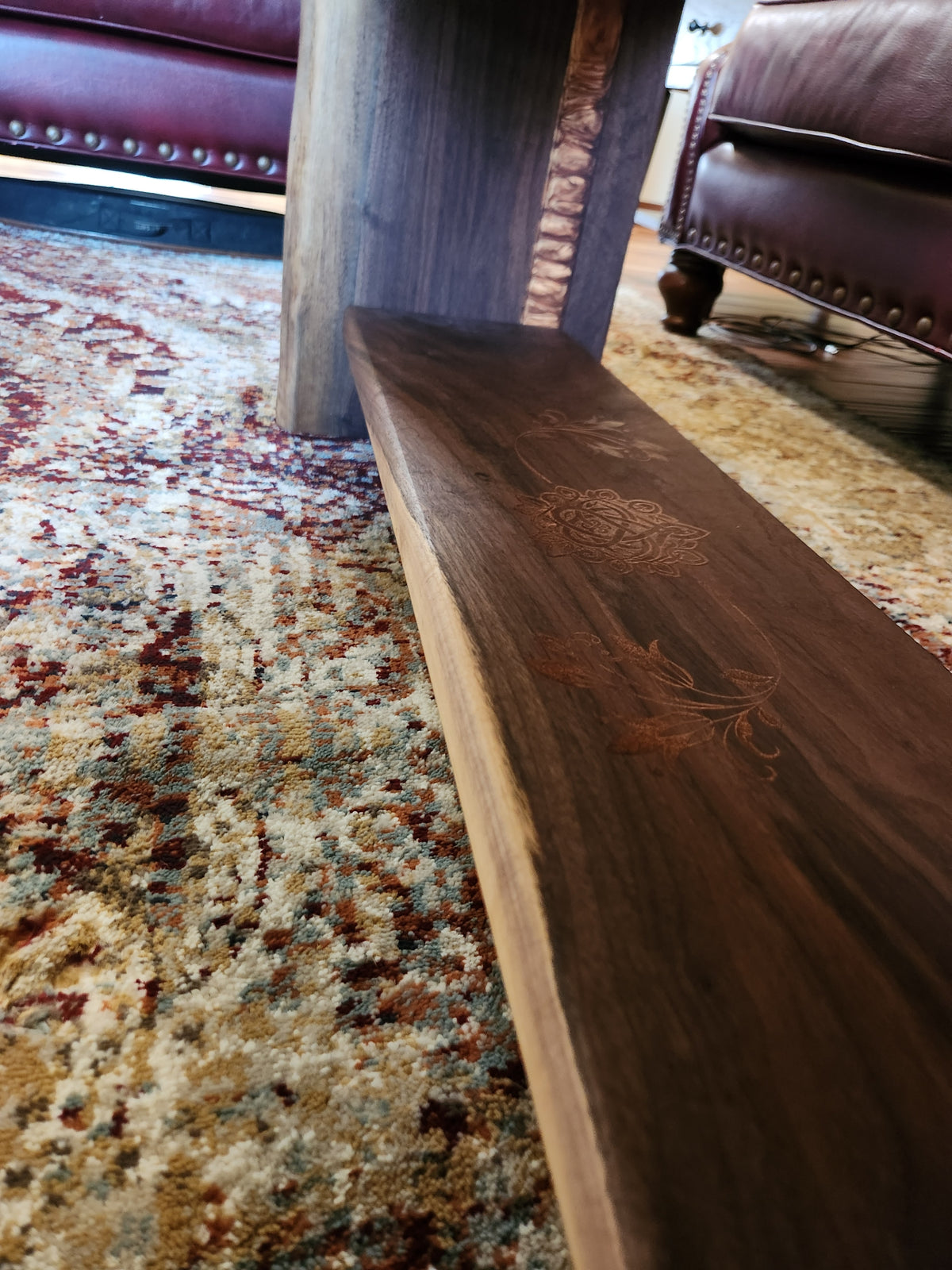 Slab Walnut Coffee Table & Accent Bench | Copper Mica Inlays & Keyed Tenon Joinery | Handcrafted Made to Order