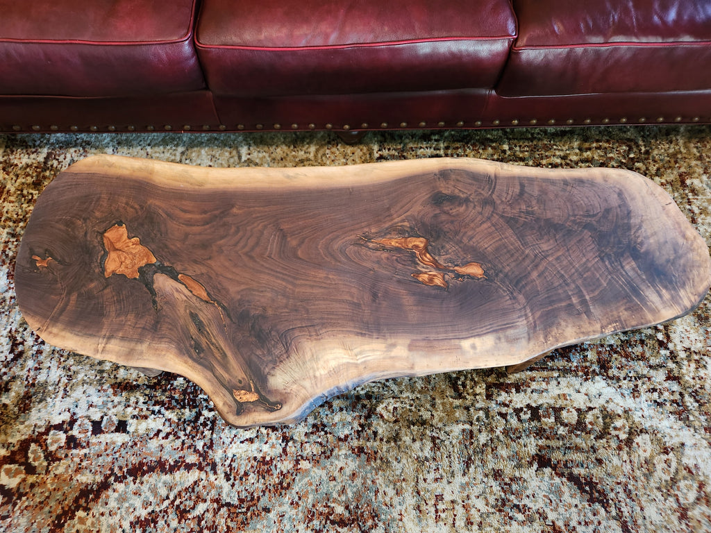 Slab Walnut Coffee Table & Accent Bench | Copper Mica Inlays & Keyed Tenon Joinery | Handcrafted Made to Order