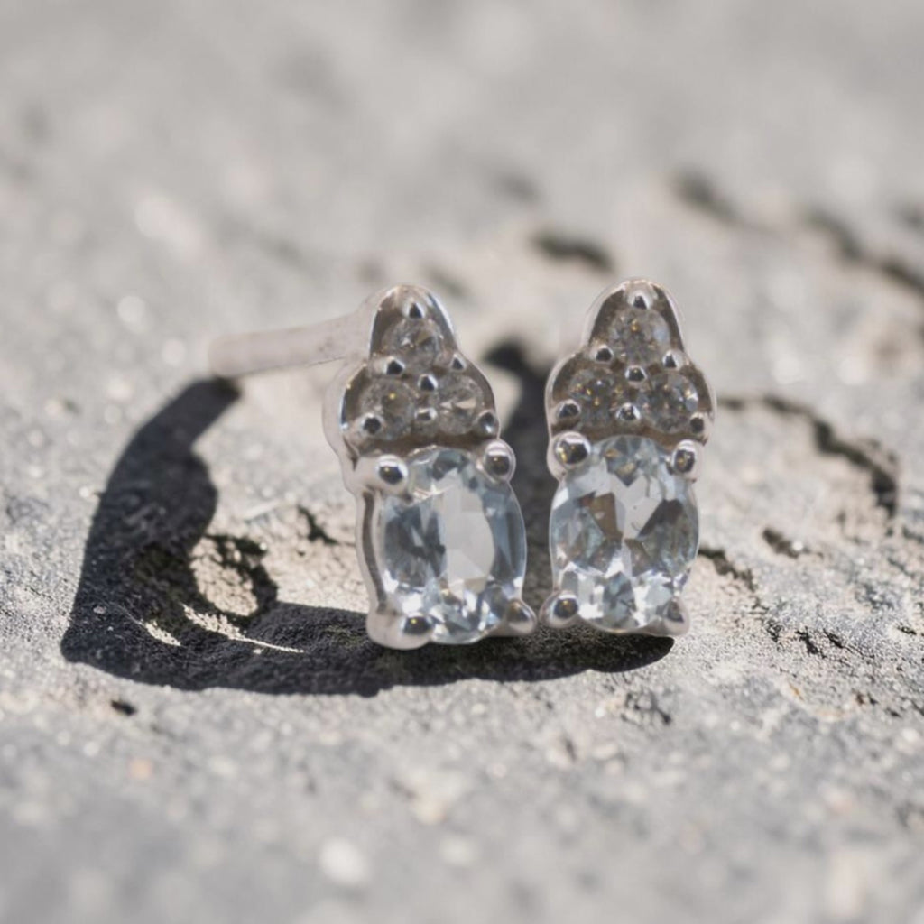 Aquamarine & White Zircon Stud Earrings | Oval Cut with Zircon Trio | Platinum over Sterling Silver
